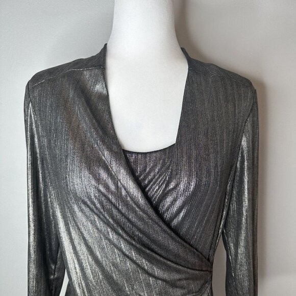 Chetta B Metallic Gold Black Stretch Long Sleeve Front Faux Wrap Top Blouse 12 - Picture 2 of 11